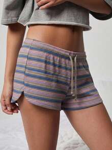 WESTFADE Mid Rise Tie Front Textured Knit Striped Lounge Shorts, Country Style For Women, Summer, Beach, 4th Of July, World Cup - Multicolor - View 6