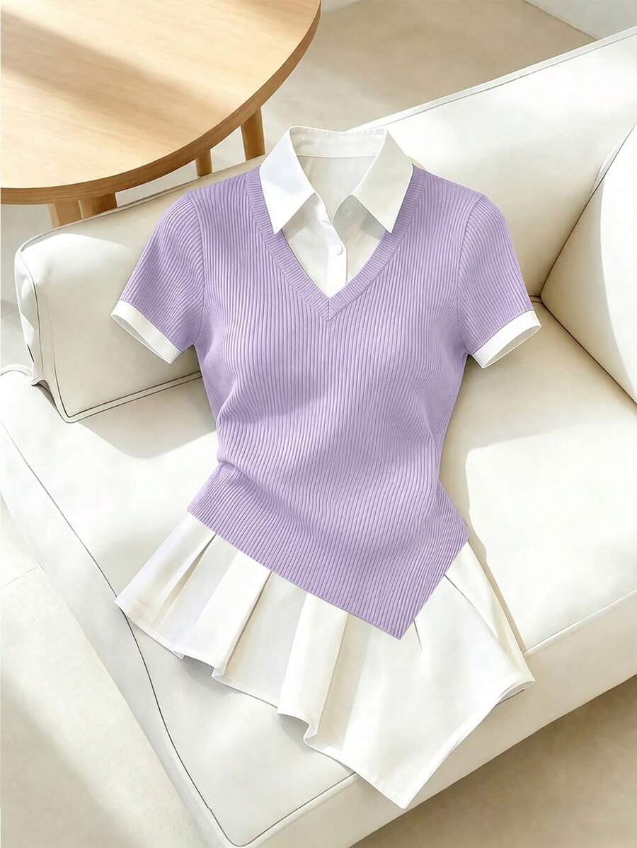 SHEIN Franclia 女款優雅法式風 Polo 領短袖不對稱下擺上衣,黑白拼接設計,時尚夏季度假休閒上衣 - 淡紫色 - 查看 1