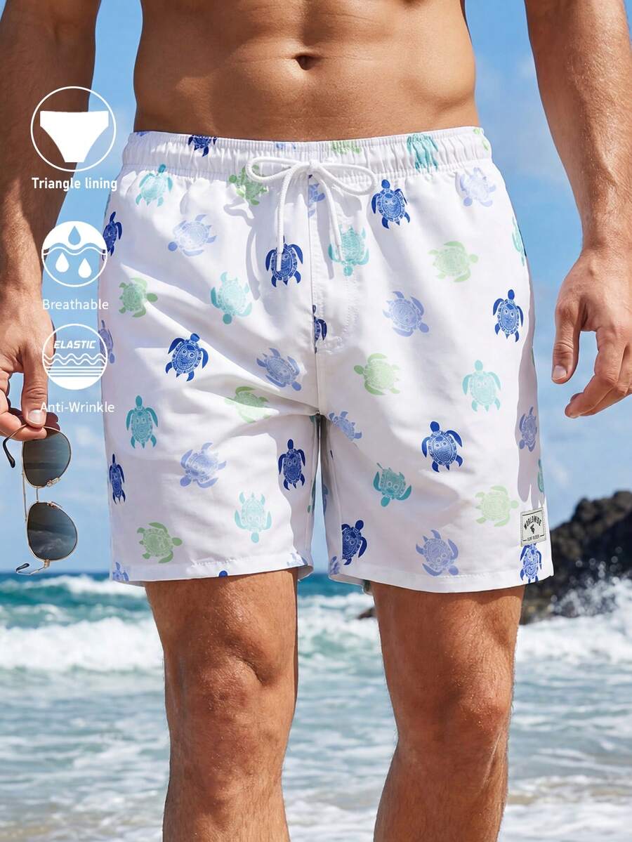 CoralVoy Men's Summer Vacation Sea Turtle Print Drawstring Waist Beach Shorts, Holiday - Multicolor - View 1