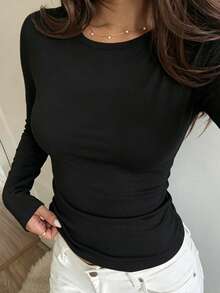 DAZY 女款素色保暖內裡圓領長袖修身保暖T恤 - 黑色 - 查看 3