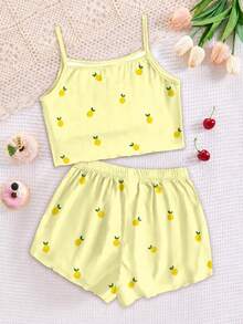 SHEIN LMoss Kids 少女休閒簡約可愛波點迷你夏季熱帶水果檸檬圖案，奶油黃，吊帶上衣和短褲家居服適合夏季，柔軟，舒適，舒適，舒適，圖案，可愛，Y2K - 彩色 - 查看 3