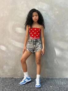 Coolane Kids 青少年女孩夏季街頭風 Y2K 必備腰果花紋抹胸上衣，可愛返校穿搭 - 紅色 - 查看 4