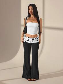 SHEIN PETITE 女款波點拼接休閒百搭日常旅行喇叭長褲，適合嬌小女性 - 黑色 - 查看 7