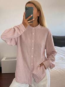 DAZY 女款不對稱門襟條紋寬鬆領襯衫 - 粉色 - 查看 5