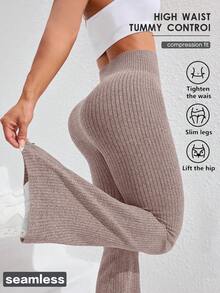 SHEIN Rhythm Era Women's Plus Size Solid Color High Waist Flare Athletic Leggings - Coffee Brown - View 1