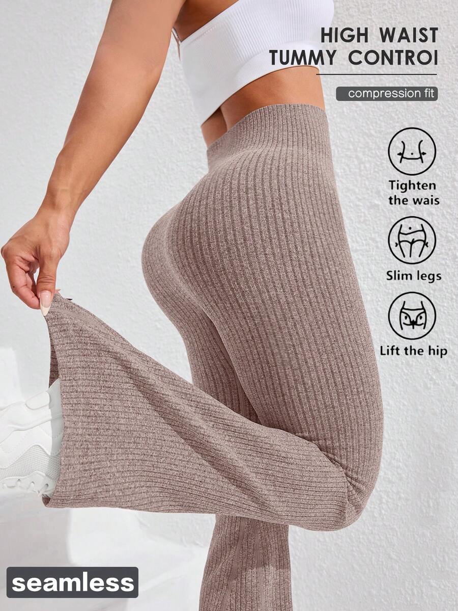 SHEIN Rhythm Era Women's Plus Size Solid Color High Waist Flare Athletic Leggings - Coffee Brown - View 1