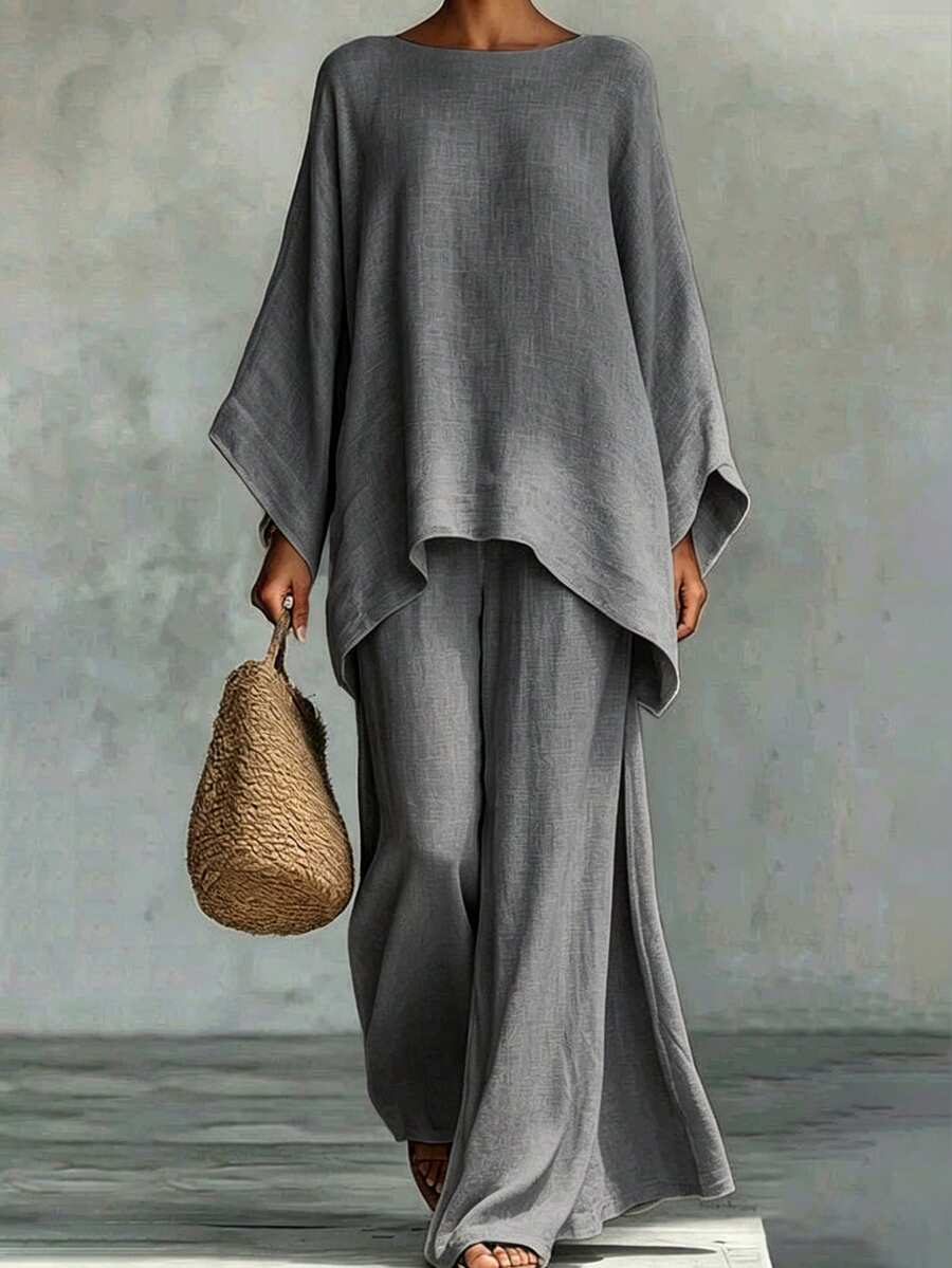 DAZY Spring Summer Women's Loose Fit Shirt Top And Flowy White Pants 2 Pieces Set Vacation - Grey - View 1