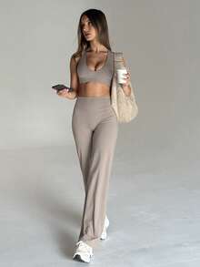 Aloruh Solid Color Backless Halter Neck Ultra Short Sports Tank Top - Grey - View 9