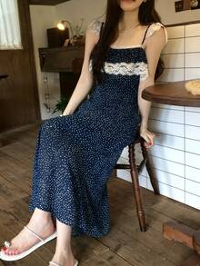 DAZY 女款蕾絲拼接韓風荷葉邊長洋裝 度假夏季 - 藍色 - 查看 4