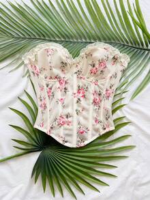 Soleia 女款春夏浪漫度假風雛菊刺繡紋理印花3D花卉裝飾抹胸上衣，休閒約會情人節下午茶海灘郵輪公路旅行城市度假音樂節派對波希米亞嬉皮西式風格，可作內搭或外穿，無墊肩 - 淺粉色 - 查看 6