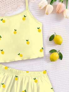 SHEIN LMoss Kids 少女休閒簡約可愛波點迷你夏季熱帶水果檸檬圖案，奶油黃，吊帶上衣和短褲家居服適合夏季，柔軟，舒適，舒適，舒適，圖案，可愛，Y2K - 彩色 - 查看 6