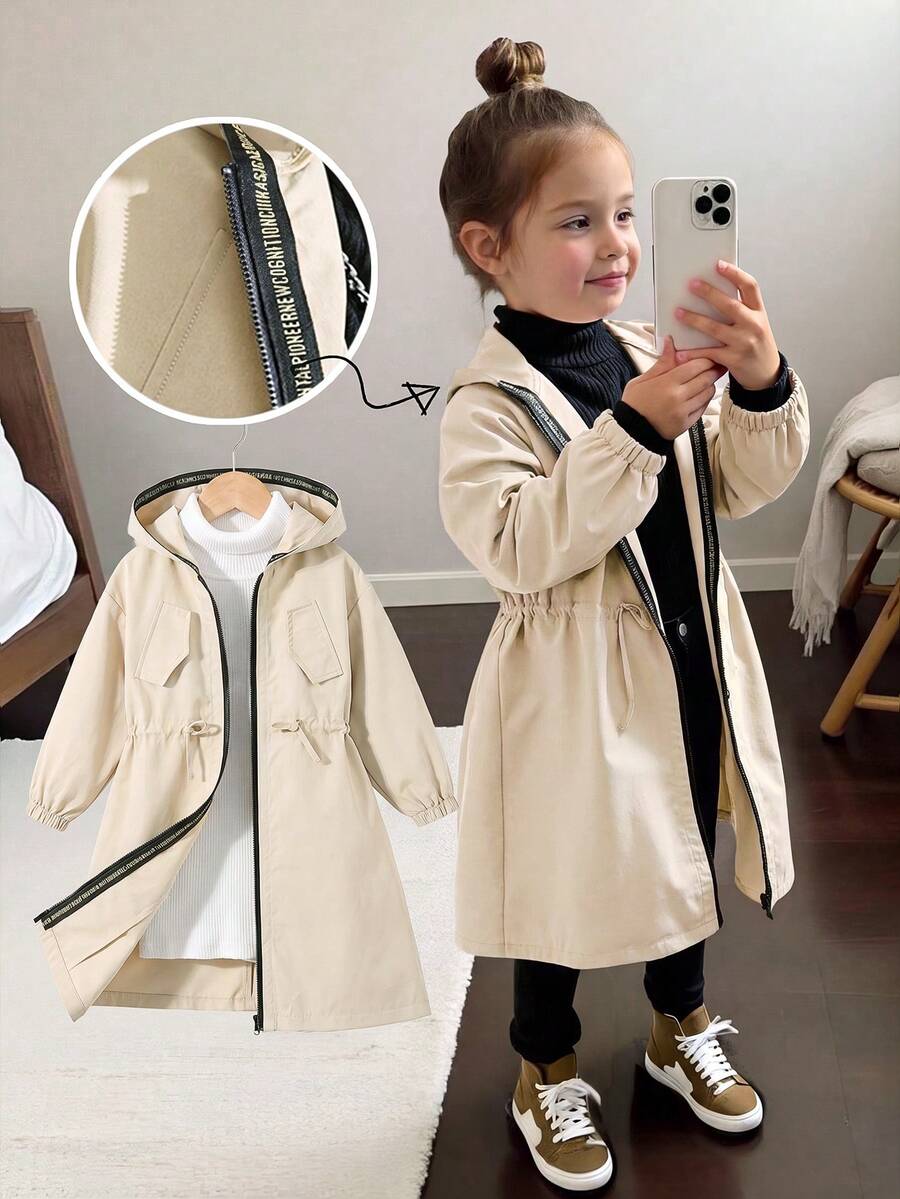 SHEIN 少女休閒字母裝飾寬鬆文字帶帽口袋中長版派克大衣,梭織雙排扣翻領寬鬆長版外套,休閒軍風,適合通勤與戶外穿著,春夏秋冬四季適用,Y2K,萬聖節、開學季,媽媽與姊妹與我親子姊妹套裝 - 米色 - 查看 1