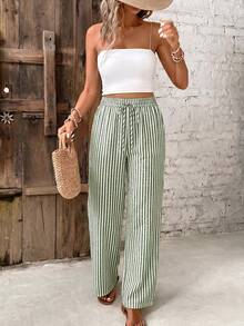 SHEIN Frenchy 休閒極簡風綠色條紋女款長褲，16%棉，適合夏季 - 綠色 - 查看 3