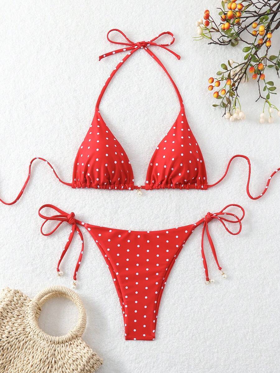Swim Basics Summer Beach Women's Random Polka Dot Printed Bikini Set - Red - View 1