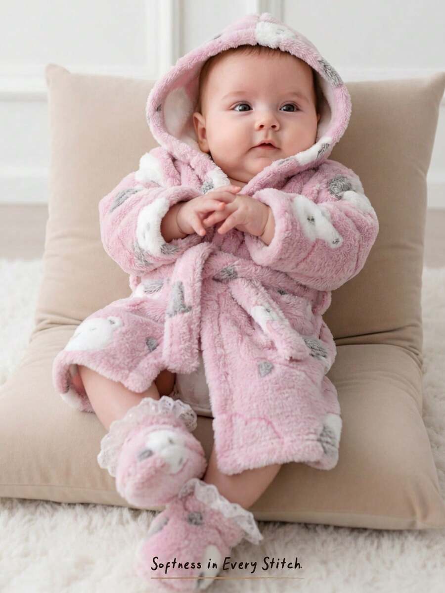 Cozy Pixies 兒童卡通圖案連帽長袖綁帶浴袍,適用新生兒男孩與女孩,秋冬款 - 彩色 - 查看 1