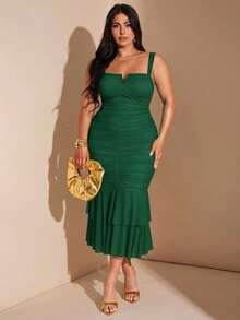 SHEIN BAE Plus Size Women's Spring/Summer V-Neck Ruched Ruffle Mid-Length Fitted Dress, Vacation Party Cocktail Dress Sage Green - Dark Green - View 1