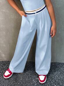 Coolane Kids Conjunto de 2 piezas para niñas preadolescentes primavera/verano con top bandeau y pantalones de color contrastante - Celeste - Ver 6