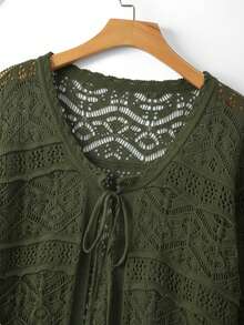 SHEIN LUNE CURVE Cardigan Ukuran Besar Elegan dengan Detail Lubang, Lengan 3/4, Leher Bulat, dan Pita untuk Musim Gugur - Hijau Tentara - View 4