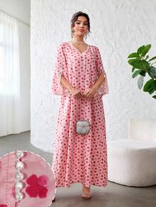 Yasmyna V领珍珠缎带拼接印花宽松修身优雅浪漫女式碎花连衣裙 - 彩色 - 查看 5