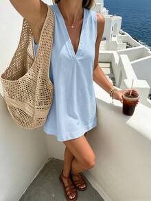 Pariaura Minimalist White Linen Sleeveless V-Neck Dress / Relaxed Fit A-Line Skirt / Korean Style Gentle / Daily Commute Short Dress/Slub Cotton Linen Dress - Baby Blue - View 4
