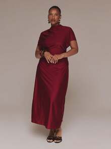 MUSERA Curve Red Slinky High Neck Open Back Detail Maxi Dress - Red - View 1