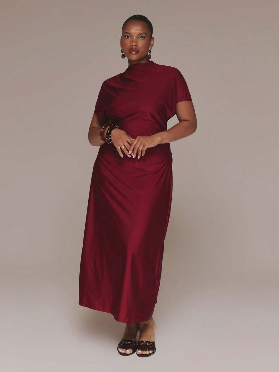 MUSERA Curve Red Slinky High Neck Open Back Detail Maxi Dress - Red - View 1