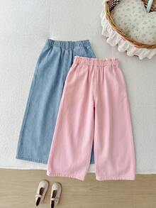 SHEIN 2件組女孩粉色與白色牛仔寬鬆長褲 - 彩色 - 查看 2