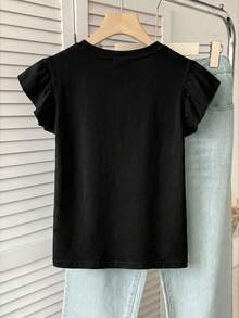 SHEIN 兒童青少年女童夏季 95% 棉圓領短袖寬鬆 T 恤，附荷葉邊袖口與花卉圖案設計，可愛短袖上衣，適合外出、返校、春夏、復古、懷舊、柔軟、乾淨、海灘度假、假期、春假氛圍 - 黑色 - 查看 2