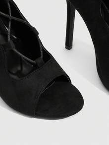 CUCCOO SZL Women Shoes Black Suede Strap-Up Skinny Sandals, Sexy Open-Toe Lace-Up Back Zip Heels Summer - Black - View 5