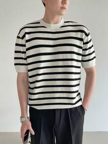 DAZY Camiseta de punto de verano para hombre con estampado de rayas - Beis - Ver 7