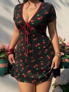 GalTyme Plus Size Women's Cherry Print Casual Party Dress - Multicolor - View 3