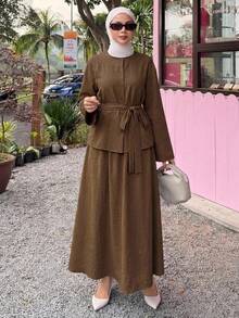 DAZY Bộ 2 món áo len chui đầu dáng rộng thoải mái thanh lịch và chân váy dài cho nữ mùa xuân - Cà phê nâu - Xem 2