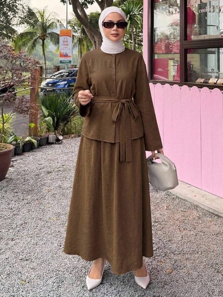 Spring Loose Casual Elegant Pullover Shirt And Long Skirt 2pcs Set For Women