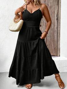Breezaya Plus Size Solid Color Ruffle Hemline Backless Spaghetti Strap Sleeveless Dress For New Year Clothes, For Thanksgiving Maxi Women Outfit - Black - View 6