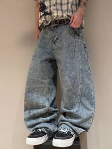 STEELVANCE Men's Streetwear Vintage Fashion Versatile Distressed Washed Rivet Design Loose Straight Leg Wide Leg Casual Denim Jeans (Belt And Accessories Not Included) - Blue - View 5