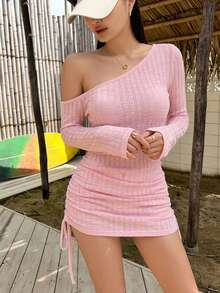 DAZY 女款夏季不對稱單肩抓皺綁帶沙灘罩衫，性感極簡半透長袖泳衣披肩 - 粉色 - 查看 3