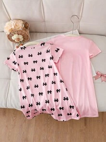 2pcs/Set Girls' Simple Fashion Pink & Grey Cute Cartoon Sheep Print Short Sleeve Long Nightgown Loungewear - Baby Pink - View 2