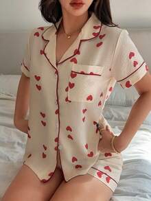 Dream Adore Conjunto de pijama con estampado de corazones y ribete de contraste - Beis - Ver 1