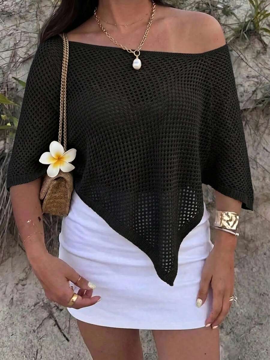 Aloruh Women's Solid Color Off-Shoulder Casual Versatile Daily Knit Top - Black - View 1