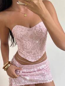 Aloruh Women's Pink Sequin Strapless Crop Top, Sparkly Glitter Tube Top, Sexy Tie-Up Backless Bandeau, Y2K Coquette Glam Style, Night Out Clubwear Concert Birthday Party, Date Vacation Music Festival, Summer Going Out Top - Pink - View 4