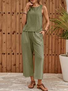 EMERY ROSE Women's Solid Color Back Single-Breasted Button Sleeveless Shirt And Pants Casual Two Pieces Set - Green - View 7