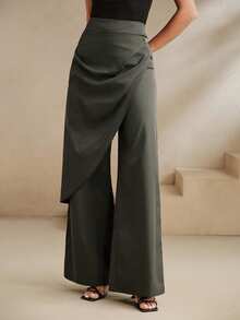 Anewsta Modern Fashion Layered Design Mid-Waist Loose Wide Leg Pants Dark Gray Women's Long Pants - Dark Grey - View 3