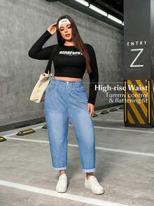 SHEIN Essnce 大尺碼女款四季可穿彈性休閒牛仔長褲 - 淺色水洗藍 - 查看 6