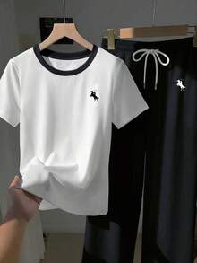 SHEIN EZwear 2件/套刺繡圓領短袖上衣與條紋印花長褲，休閒風 - 黑與白 - 查看 4