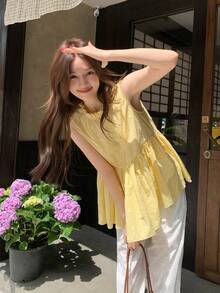 DAZY Women's Wood Ear Trim Round Neck Button Half Placket Casual Sleeveless Shirt - Yellow - View 8