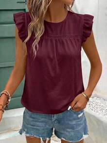 SHEIN Frenchy 100% Cotton Cap Sleeve Flutter Sleeve Women's T-Shirt Burgundy Color Suitable For Summer - Burgundy - View 3
