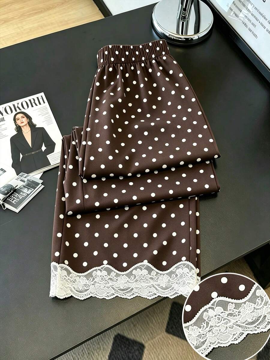 SHEIN LUNE CURVE 2026春季大尺碼新款圓點蕾絲拼接直筒長褲 - 棕色 - 查看 1