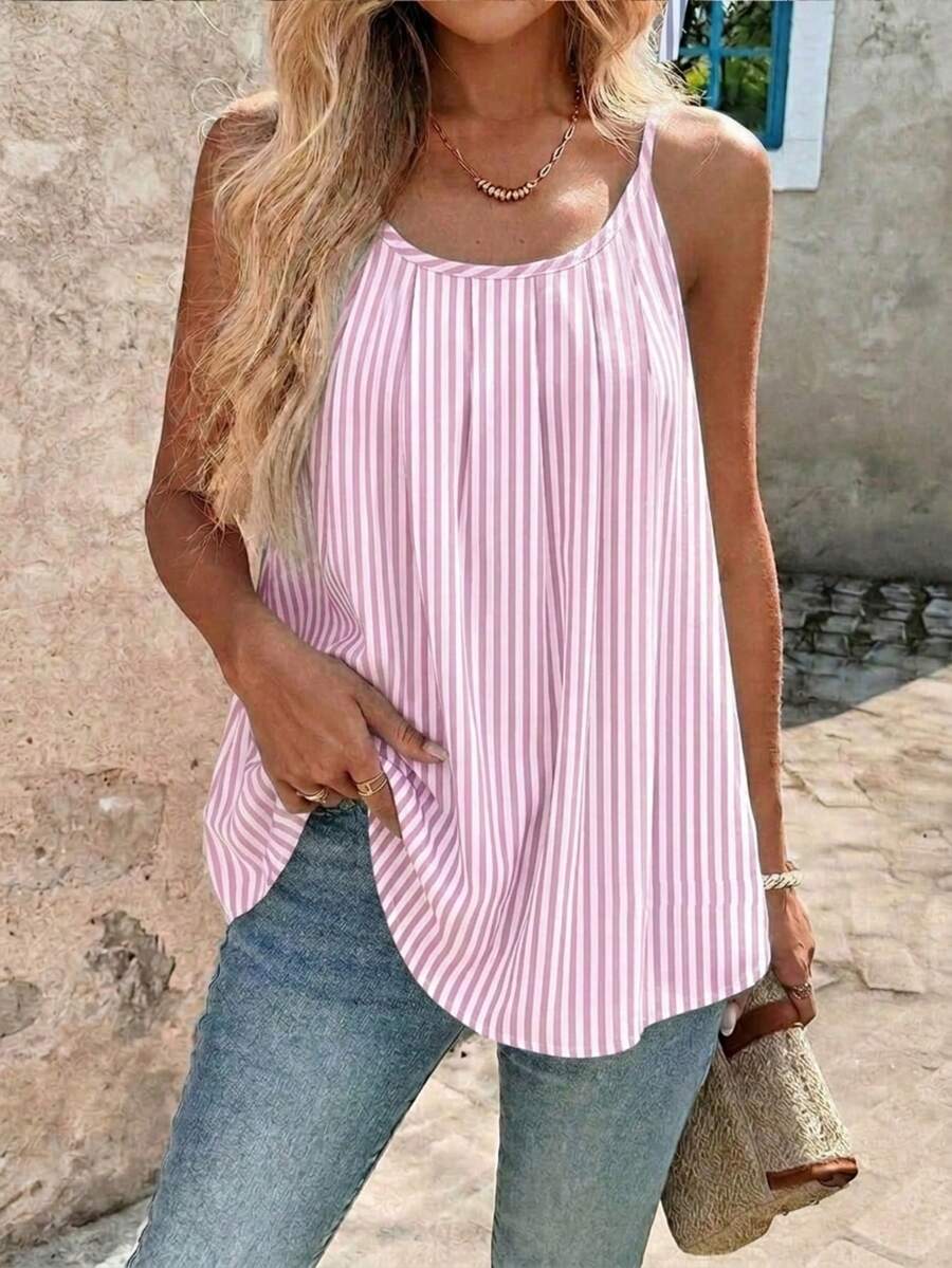 SHEIN Clasi 女款條紋百褶休閒百搭日常外出細肩帶上衣 - 粉色 - 查看 1