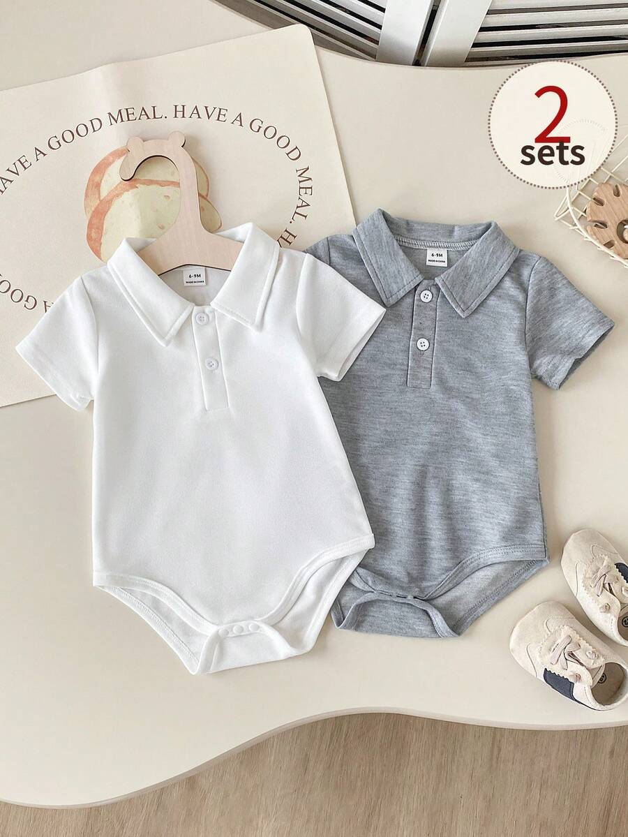 Playful Pals Baby Boy Summer Knit Romper Set, Solid Color Short Sleeve Half-Button Front Romper 2pcs, Suitable For Casual Outings - Grey - View 1