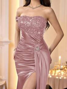 Coutiva Women's Sequin Patchwork High Slit Formal Evening Gown - Pink - View 1